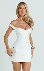 Tanisha Mini Dress - Off Shoulder Draped Waist Dress in White