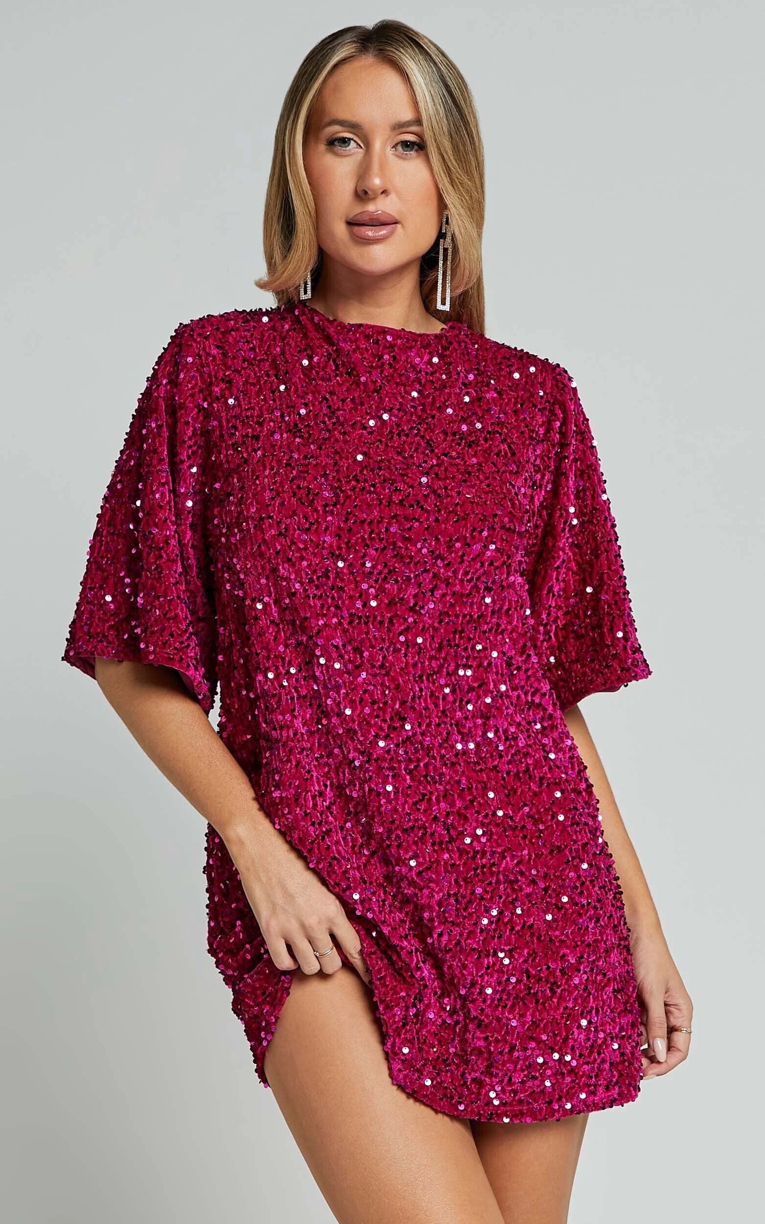 Valetta Mini Dress - Sequin low back shift dress in Hot Pink