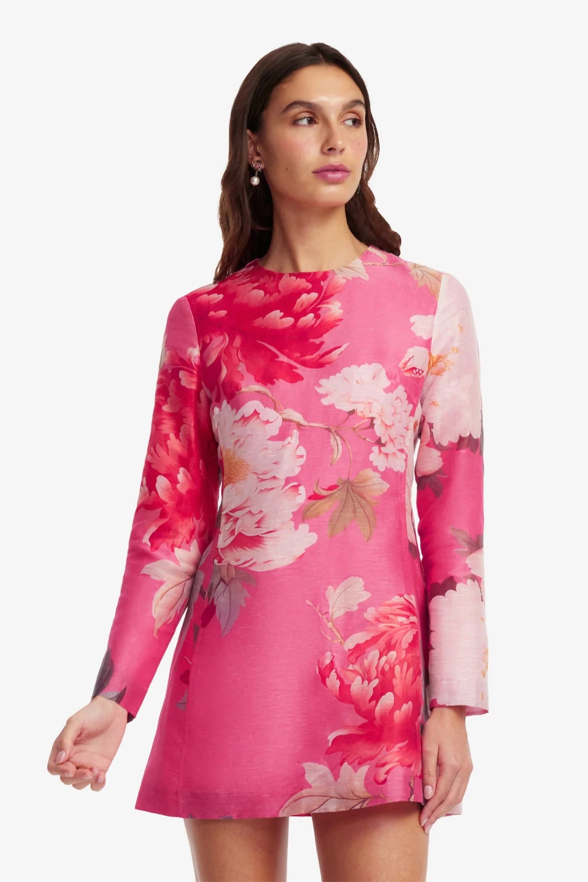 Aliza Long Sleeve Mini Dress - Peony Print in Fuchsia
