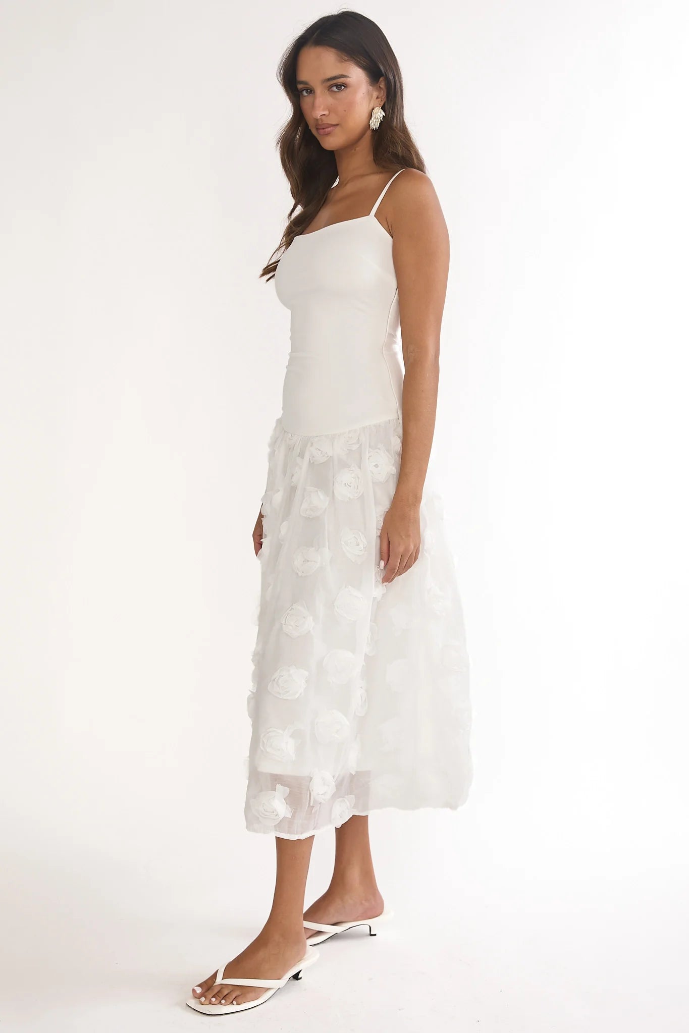 Adley Embellished Drop Waist Midi Dress White